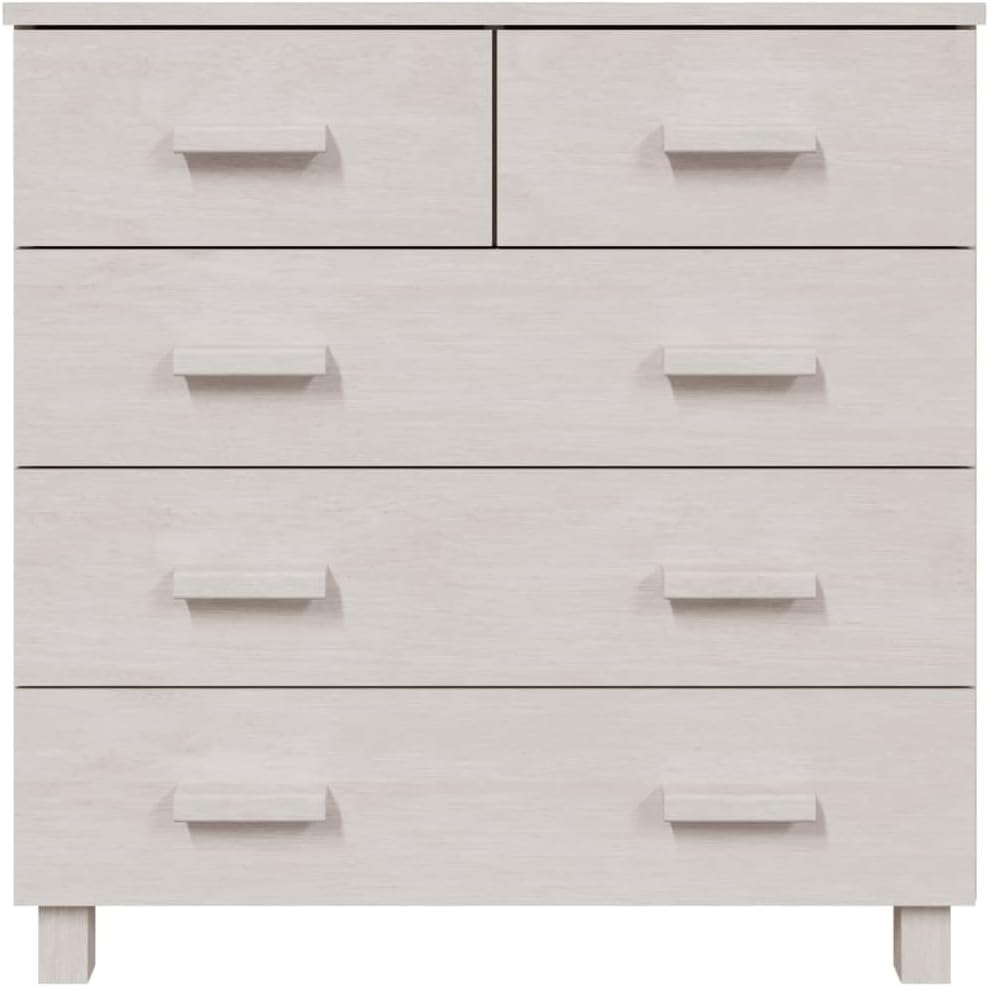 White Sideboard Buffet Cabinet, Solid Pine Wood and MDF Dining Room Credenza with 5 Drawers and Sliding Doors, Modern Accent Storage Cabinet for Living Room and Foyer