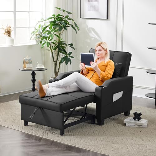 VINGLI Convertible Sleeper Chair Bed, Pull Out Sofa Couch for Living Room | Black 3-in-1 Sofa Bed, Faux Leather Recliner with Adjustable Back, USB Port, Cup Holder, Side Pocket for Small Space, Office