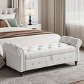 63" Wide Storage Bench, Polyester Upholstered End of Bed Bench with Pull Ring Design, Storage Shoe Cabinet Bench with Rolled Arm, Modern Window Bench for Bedroom (Cream White)