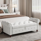 63" Wide Storage Bench, Polyester Upholstered End of Bed Bench with Pull Ring Design, Storage Shoe Cabinet Bench with Rolled Arm, Modern Window Bench for Bedroom (Cream White)