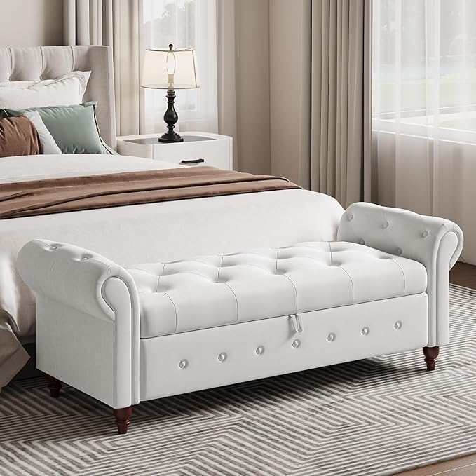 63" Wide Storage Bench, Polyester Upholstered End of Bed Bench with Pull Ring Design, Storage Shoe Cabinet Bench with Rolled Arm, Modern Window Bench for Bedroom (Cream White)