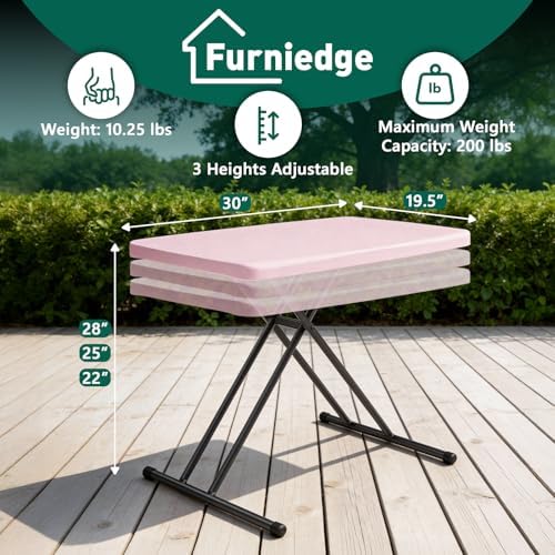 30 Inch Folding Table, Adjustable Height TV Tray for Small Spaces, Heavy Duty Foldable Utility Table for Laptop, Dining, Camping, No Assembly, 200 lbs Capacity, Pink Granite