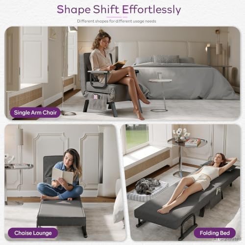 TYBOATLE Sleep Chair Bed Set of 2, Comfy Convertible Sleeper Chairs for Adults, Folding Sofa Bed with Adjustable Backrest & Side Pockets & Pillow, Cozy Small Couch for Small Spaces, Office (Dark Grey)