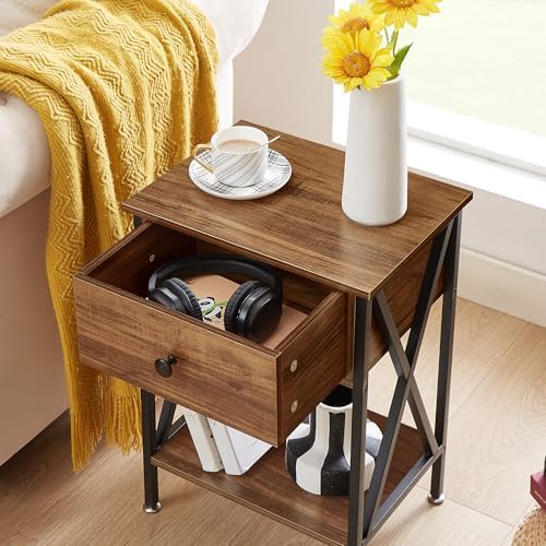 VECELO Nightstands Set of 2, Modern Bedside End Tables, Night Stands with Drawer and Storage Shelf for Living Room Bedroom, Industrial Metal Frame