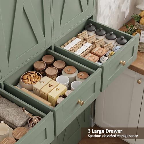 HOSTACK 67"H Farmhouse Kitchen Pantry Storage Cabinet with 3 Drawers, Green | Large Food Pantry Cabinet with Swing-Out Door Rack & Adjustable Shelf for Kitchen, Dining room, Living room