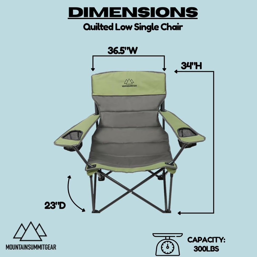 Quilted Double Camping Chair and Single Camping Chair with Padded Seat and Back for Camping/Hiking/Backpacking – Available in Low and Standard Heights (Low Chair (Gray/Asparagus))