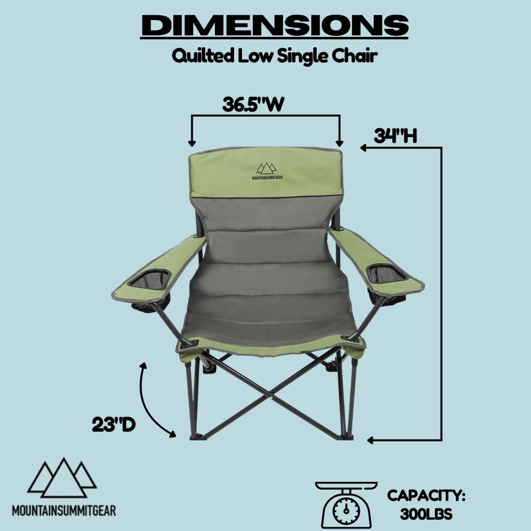 Quilted Double Camping Chair and Single Camping Chair with Padded Seat and Back for Camping/Hiking/Backpacking – Available in Low and Standard Heights (Low Chair (Gray/Asparagus))