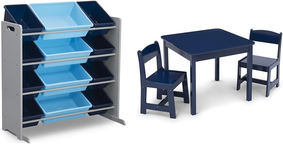 Delta Children Kids Toy Storage Organizer with 12 Bins and MySize Kids Table and 2 Chairs Set, Deep Blue