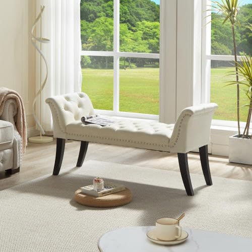 Upholstered Ottoman Bench with Armrest & Button Tufting, Great for Entryway Dining Room and More