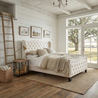 Queen Upholstered Bed Frame, 50-Inch Wingback Headboard, Cream White