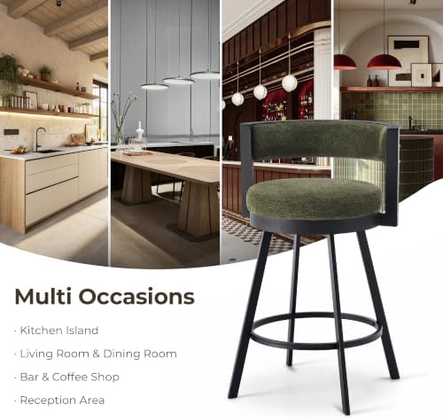 Flouki Swivel Counter Height Bar Stools Set of 2, Upholstered 26.6" Modern Counter Stools with Arms, Linen Barstools with Back and Metal Base for Kitchen Island, Dining Room, Green Linen Fabric