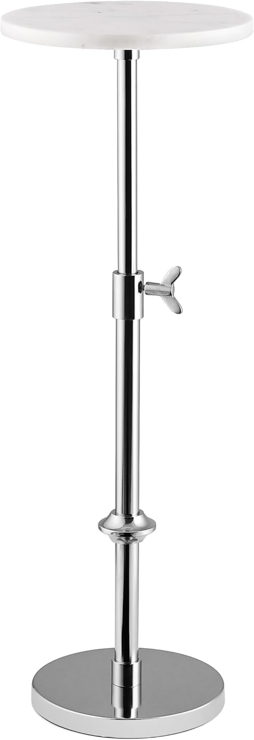 Modern Chrome Side Table Adjustable Height – Polished Chrome Finish Bedside Table, Coffee Table or Plant Stand, 29” Tall with Marble Top and Aluminium Iron Frame for Bedroom, Bathroom, or Living Room