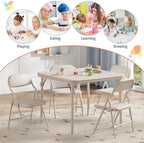 Kids Folding Table and Chairs Set – Upholstered PU Leather, Lightweight Metal Frame, Soft Cushions, Perfect for Dining, Crafts, Playroom – 3 Piece, Beige, 1 Table + 2 Chairs