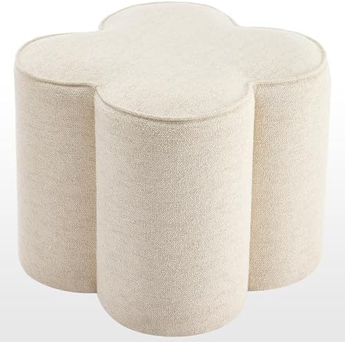 Zesthouse Flower Pouf Ottomans Foot Rest Set of 2, Linen Poofy Ottomans | Large Ottoman Footstool for Couch, Modern Living Room Stool Seat, Cute Square Vanity Stool for Bedroom, Beige Dorm Foot Stool
