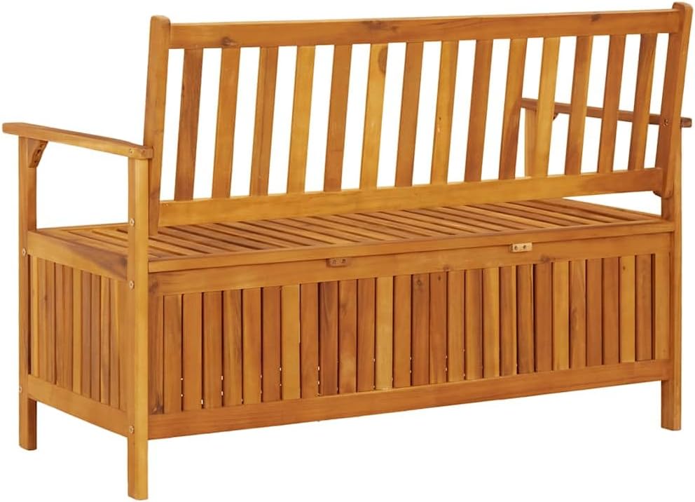 Patio Storage Bench 47.2" Solid Acacia Wood Outdoor Bench Seat with Armrests and Backrest, Garden Bench for Front Porch Furniture and Patio Furniture Storage