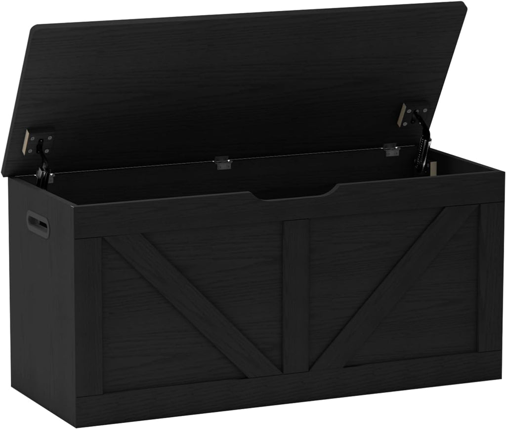 Timberer 39.4" Storage Chest, Wooden Storage Bench, Large Storage Trunk | Entryway Shoes Bench with 2 Safety Hinges, for Living Room, Bedroom, Black