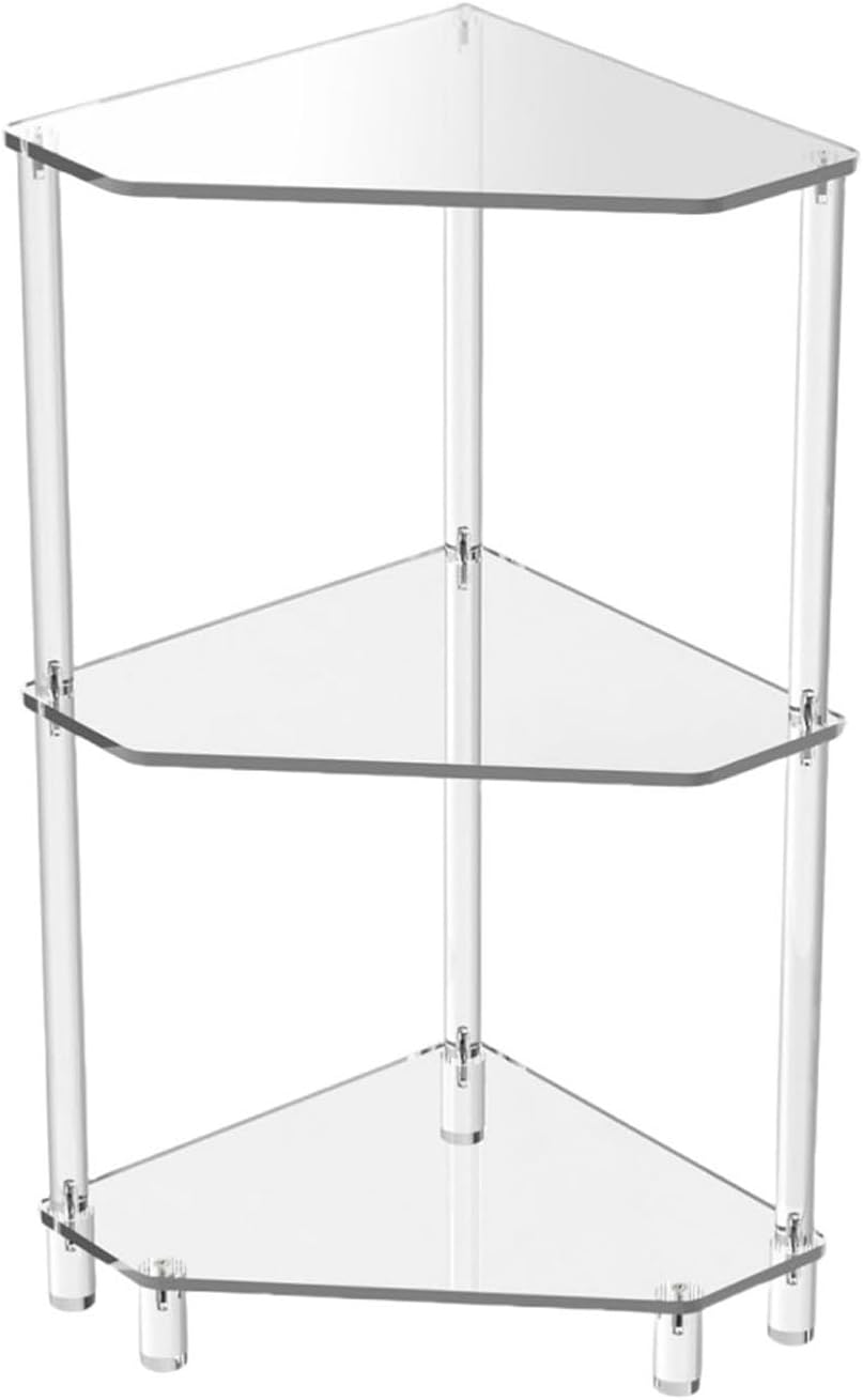 65cm / 25.6in Clear Acrylic Triangle End Table,3 Tier Acrylic Corner Side Table with Tempered Glass Shelfr,for Living Room Bedroom, Corner Display Rack Storage