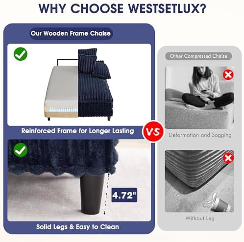 WESTSETLUX 54.8" W Oversized Chaise Lounge Chair Indoor with 5-Position Adjustable Backrest, Plush Sleeper Sofa Bed with Pillows, Upholstered Cloud Couch Chair for Living Room, Study Room, Navy Blue