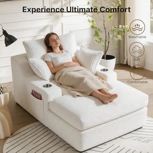 Oversized Chaise Lounge Chair Indoor, Upholstered Sleeper Sofa Bed | Couch with Cup Holders & 2 Pillows, Deep Seat Corduroy Cloud Sofa for Living Room, No Assembly Reading Chair, White