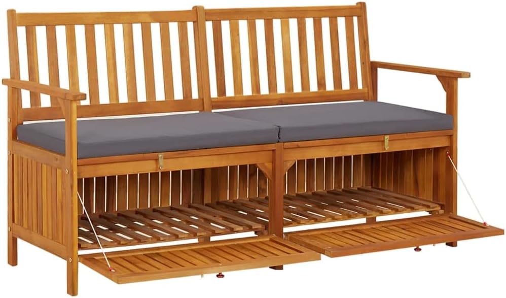 Outdoor Storage Bench with Cushion 58.3 inch Solid Acacia Wood Patio Furniture for Entryway Garden Deck Porch Seating and Organization Dark Gray