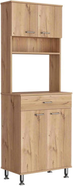 60" Freestanding Kitchen Panty Solid Wood Food Pantries with Storage Shelf & Open Countertop, Tall Buffet Cabinet Kitchenware Server with Microwave Stand & Silver Metal Handles (Beige)
