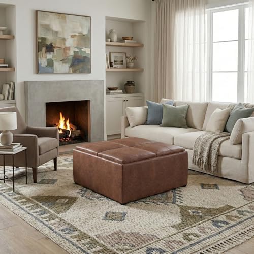 SIMPLIHOME Avalon Coffee Table Storage Ottoman - 35 inch Wide Upholstered Vegan Leather Square Storage Ottoman in Distressed Pecan Brown, Contemporary Ottoman for Living Room with Serving Trays