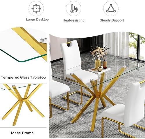 yeag Modern Rectangular Glass Dining Table Set for 4, 47" Clear Tempered Glass Kitchen Table with Gold Metal Legs & 4 White PU Faux Leather Upholstered Dining Chairs for Home, Dining Room, Office
