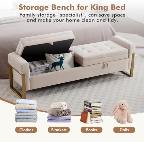 67" Storage Bench for Bedroom, End of Bed Bench King Size, Beige | Double Lids Storage Ottoman Bench with Golden Legs, Upholstered Velvet Bench for Foot of Bed Window Living Room Entryway