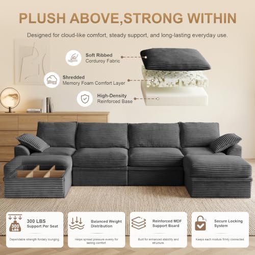 142" Upgraded Couch with Storage, Modular Sectional Couches for Living Room, Oversized Deep Seat 6-Seat U Shaped Cloud Sofa with Ottoman & Pillows,Corduroy,No Assembly (Gray)