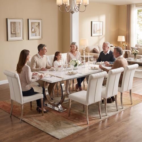 ACEDÉCOR Dining Chairs, White Leather Dining Chairs Set of 6, Upholstered Kitchen Room Chairs with Silver Stainless Steel Legs