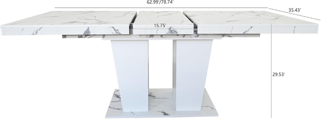 78.74'' Extendable Rectangular Dining Table for 4-8, Modern Mid-Century Wood Expandable Kitchen Dinner Conference Table for Living Room Office, 2 Widen Pedestal Base, White Faux Marble