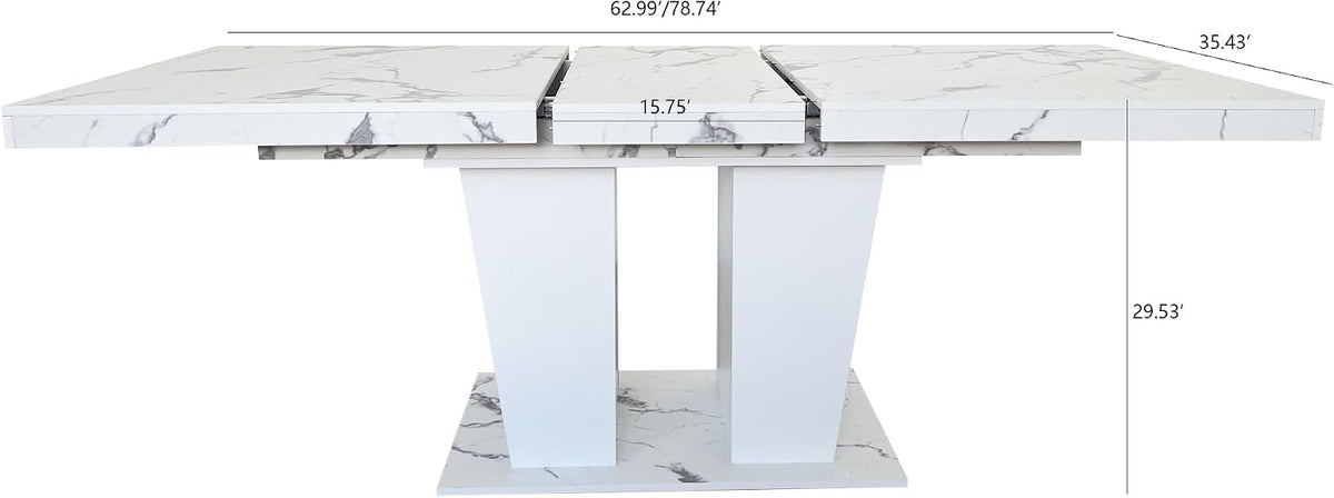 78.74" Extendable Dining Room Table for 6-10 Modern Faux Marble Wooden Expandable Kitchen Table Pedestal Base,Large Rectangle Dining Table,White
