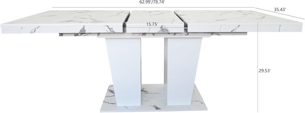78.74" Extendable Dining Table for 6 8 10 Person, Modern White Faux Marble Expandable Kitchen Table with Dual Column Pedestal, Large Rectangle Wooden Expanding Table for Kitchen Dining Conference Room