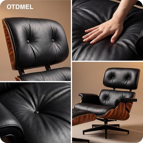 Mid Century Modern Top Grain Leather Chaise Lounge Chair & Ottoman | Modern Classic Recliner with Heavy Duty Base, Fixed Tilting for Living Room, Study, Lounge & Office, Palisander Black