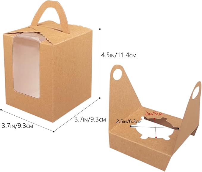 Bakepacker Auto-pop up Individual Cupcake Boxes with Window 60 Count Brown Single Cupcakes Box 3.6 x 3.6 x 4.3inch Cupcake Carrier