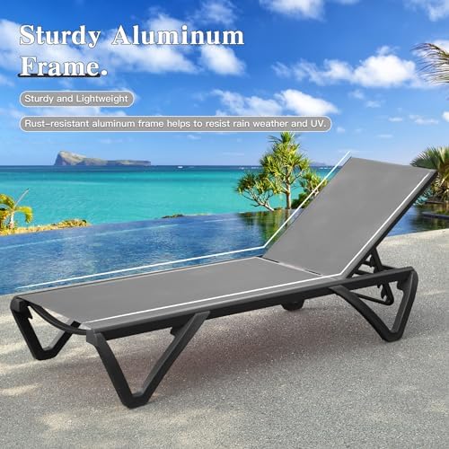 Domi Aluminum Pool Lounge Chair Outdoor Set of 2 Chaise Lounge Outdoor | Grey, Wheels, Adjustable, Textilene, All Weather, Poolside, Backyard, Patio, Deck, Outside
