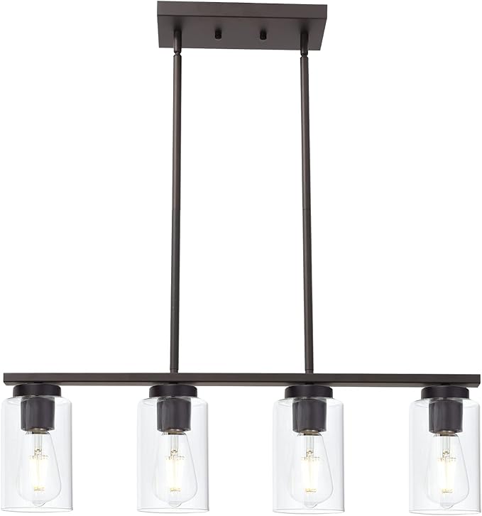 Farmhouse Dining Room Chandelier 4-Lights Kitchen Island Light, Clear Glass Pendant Lighting Fixtures in Oil Rubbed Bronze