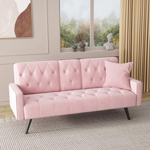 Anwick Modern Velvet 2 in 1 Futon Sofa Bed,Convertible Folding Sleeper Bed Couches with 2 Pillows,73" Tufted Recliner Love Seat with Golden Chrome Legs for Living Room Apartment Office (Pink)