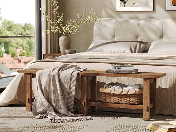LITTLE TREE Solid Wood Entryway Shoe Bench, 63" Farmhouse Narrow End of Bed Bench with Storage Rack for Bedroom, Living Room, Entry Way, Front Door, Window, Hallway, Rustic Brown