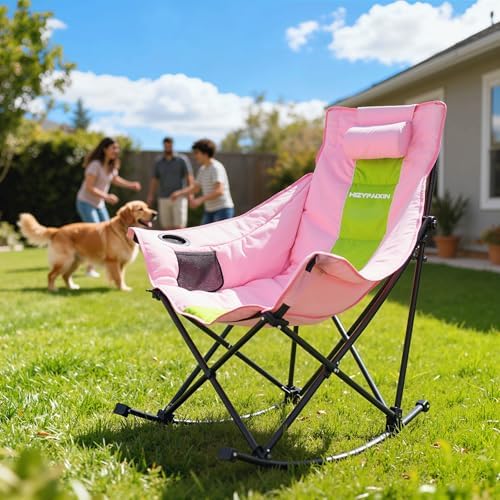 Oversized Rocking Camping Chair for Adults with Headrest, Portable Rocking Chair with Cup Holder, Side Pocket & Carry Bag, Heavy Duty Outdoor Rocker Chair for Camp, Patio, Pink