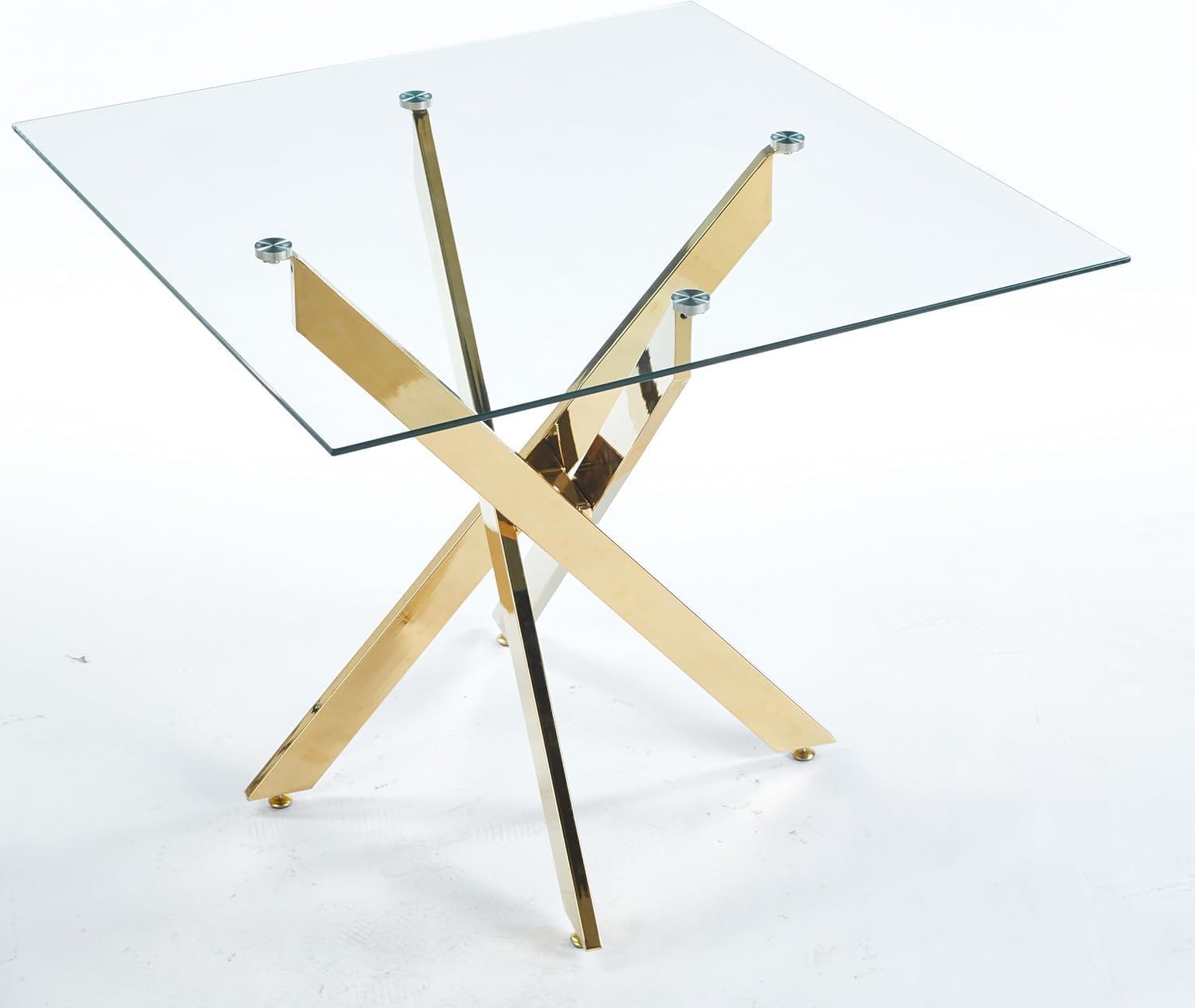 Modern Dining Table for 4 People, 36" Square Dining Table with Gold Chrome Metal X-Base, Square Tempered Glass Dining Room Table, Small Kitchen Dining Room Tables Dinner Tables