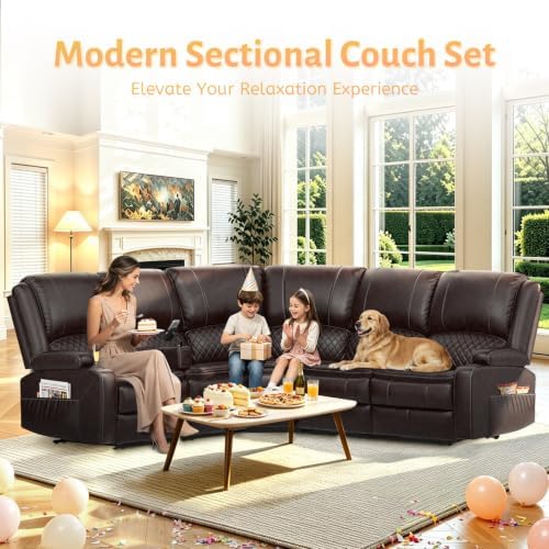 Upgraded 5 Seater Reclining Sofa Set, Modern Living Room Couch (Pu,Brown) | Home Theater Seating with Removable Console, Recliner Sectional Couch with Storage, Reclining Sectional Couch Set with USB