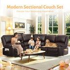 Upgraded 5 Seater Reclining Sofa Set, Modern Living Room Couch (Pu,Brown) | Home Theater Seating with Removable Console, Recliner Sectional Couch with Storage, Reclining Sectional Couch Set with USB