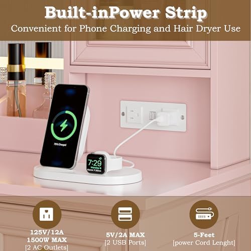 BORNOON Vanity Desk with Lights, Large LED Mirror with 3 Color Modes, Makeup Vanity with Power Outlet & USB Ports, 6 Drawers & 2 RGB Glass Cabinets, Farmhouse Dressing Table for Women & Girls (Pink)