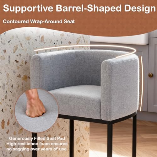 26" H Counter Height Bar Stools Set of 3, Modern Barrel Counter Stools with Backrest and Arms, Linen Fabric Upholstered Accent Barstools for Kitchen Island,Support 450 LBS