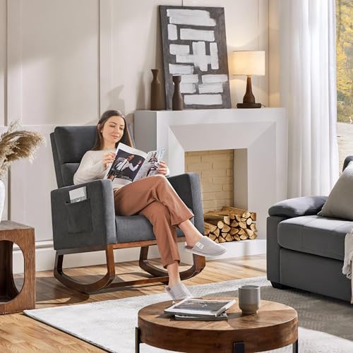 Yaheetech 28in Wide Padded High Back Glider Rocking Chair, Gray Polyester | High Back Nursing Chair with Side Pockets, Thick Foam Glider Chair, Rubberwood Base, Leisure Rocker for Living Room Bedroom