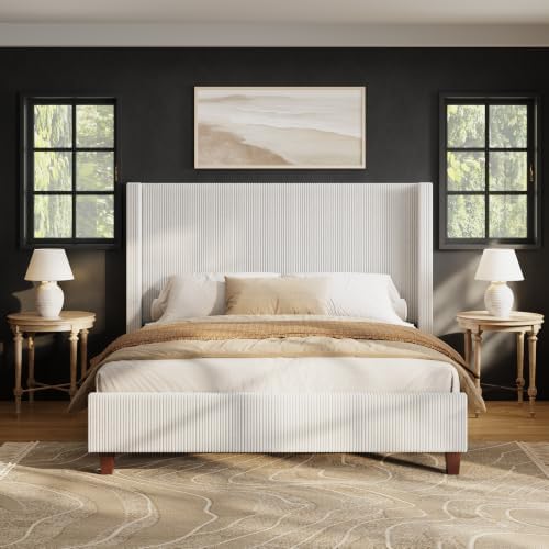 HOWE Queen Size Bed Frame with 50.8 Inch Corduroy Wingback Headboard, Cream