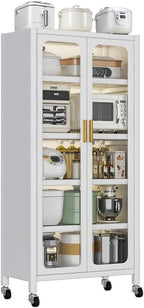 65" Kitchen Pantry Storage Cabinet - Metal 6-Tier Cabinet Transparent Doors with Wheels & Adjustable Shelves for Living Dining Room (White)