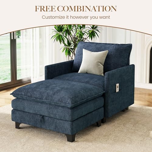 Accent Sofa Chair with Storage Ottoman, Cloud Sigle Couch with Side Pocket for Living Room, Bedroom and Apartment, Navy Blue