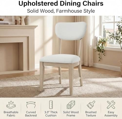 COLAMY Solid Wood Dining Chairs Set of 2, Mid Century Modern Upholstered Kitchen Chairs with 3.3" Thick Cushion & Anti-Slip Pads, Farmhouse Rubber Wood Dining Room Chairs, Oak Nature